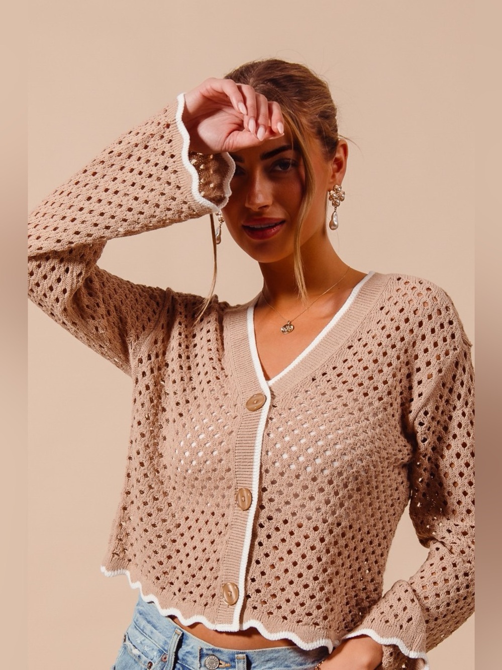 SO ME Open Knit Light Weight Sweater Cardigan With Contrast Wavy Scallop Edge - Picture 2 of 11
